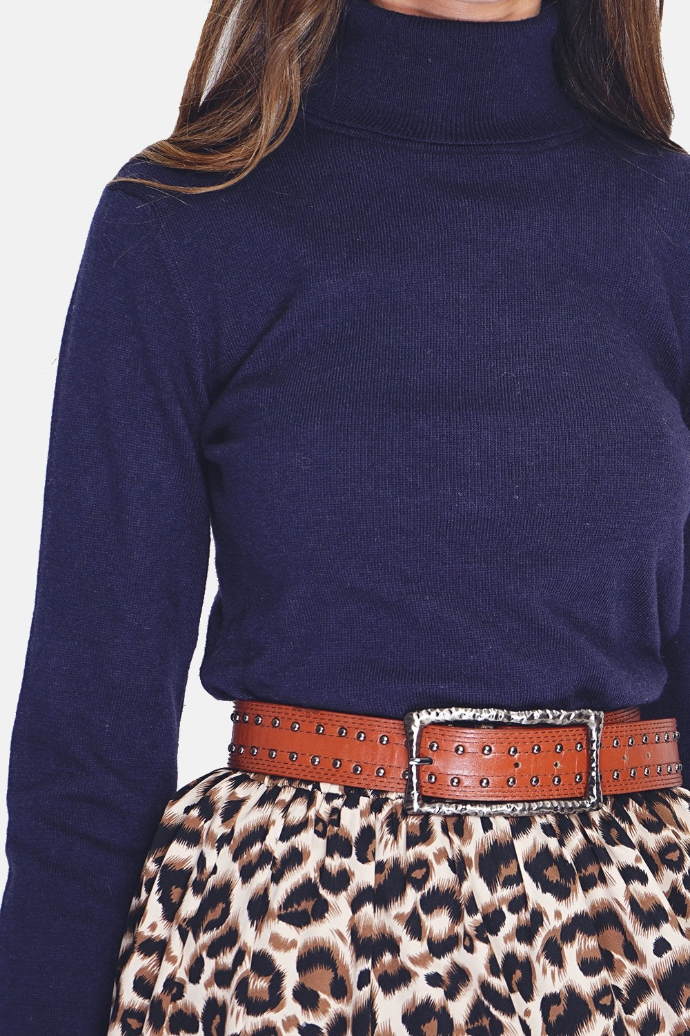 Classico maglione dolcevita in maglia a 2 strati con maniche lunghe Blu Notte