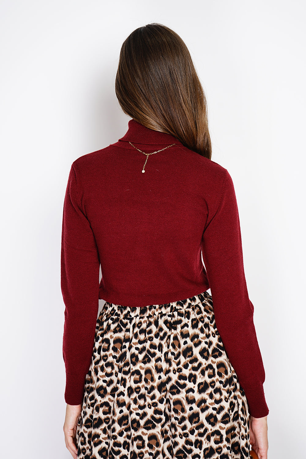 Classico maglione dolcevita in maglia a 2 strati con maniche lunghe Bordeaux