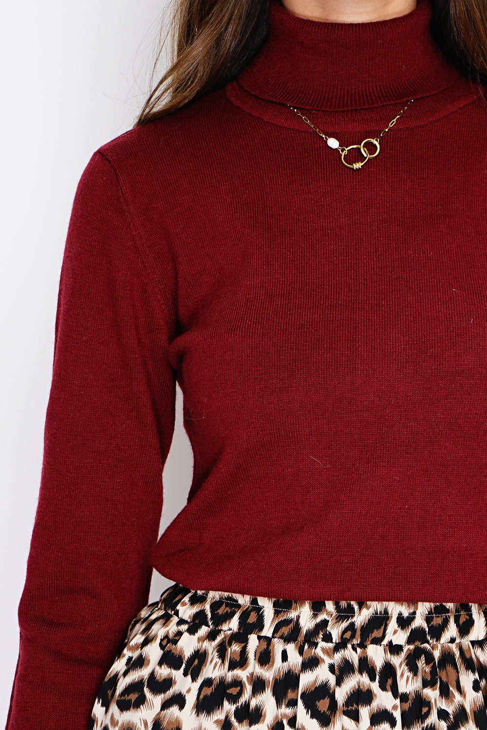 Classico maglione dolcevita in maglia a 2 strati con maniche lunghe Bordeaux