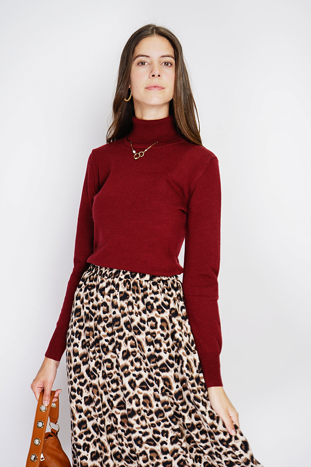 Classico maglione dolcevita in maglia a 2 strati con maniche lunghe Bordeaux