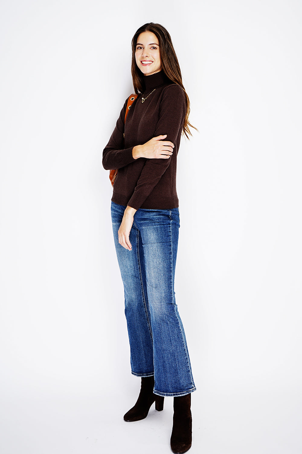 Classico maglione dolcevita in maglia a 2 strati con maniche lunghe Caffè