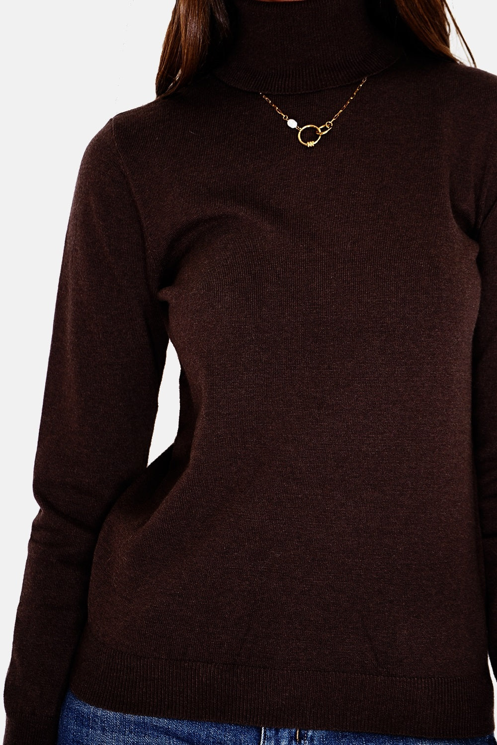 Classico maglione dolcevita in maglia a 2 strati con maniche lunghe Caffè