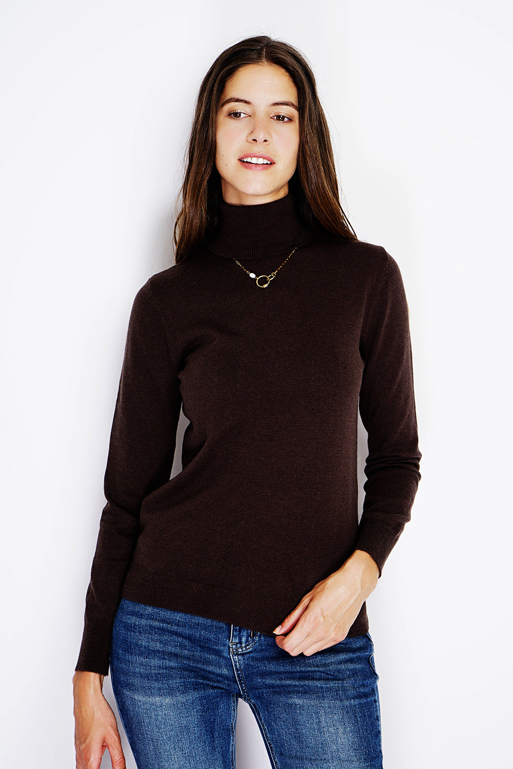 Classico maglione dolcevita in maglia a 2 strati con maniche lunghe Caffè