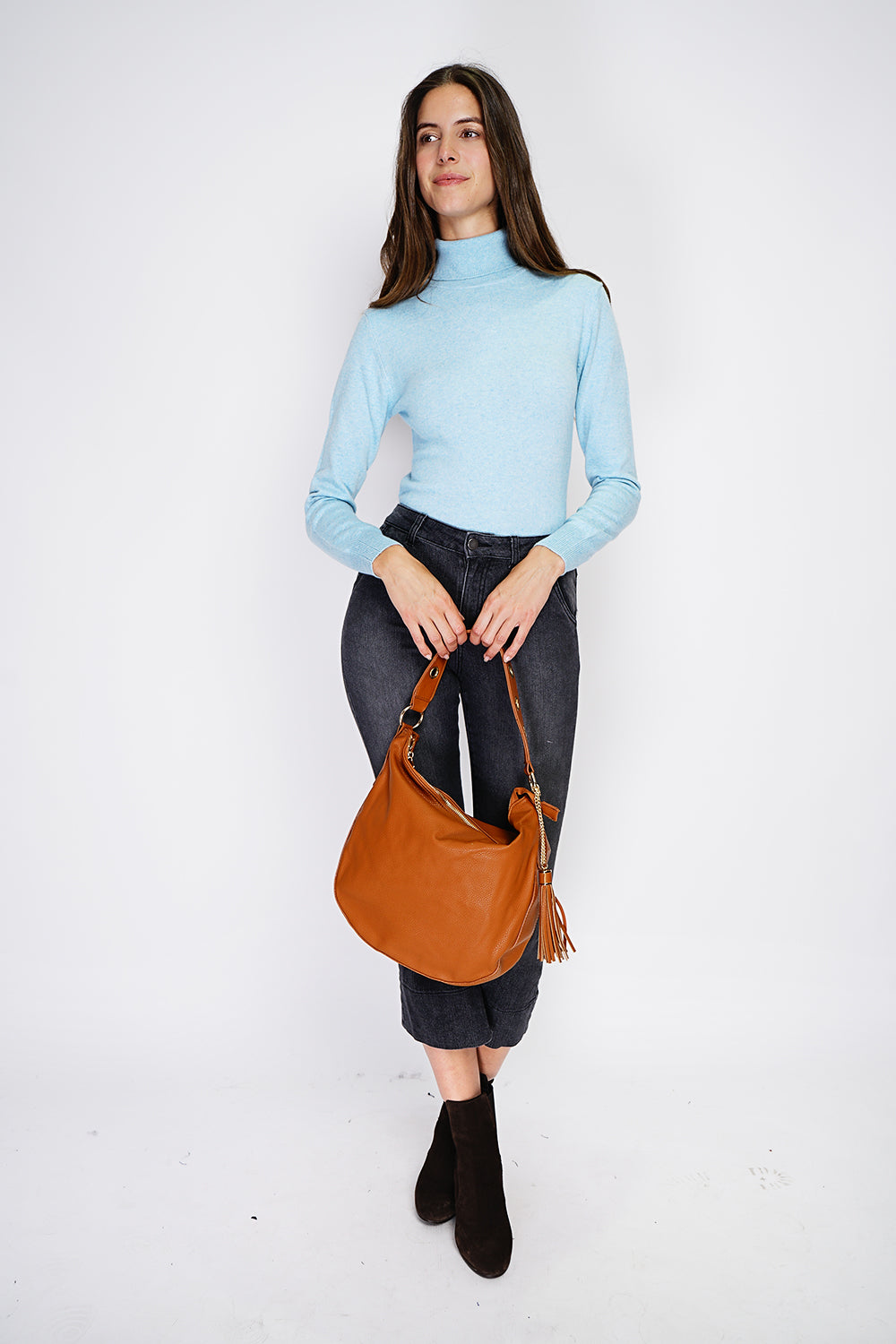 Classico maglione dolcevita in maglia a 2 strati con maniche lunghe Cielo