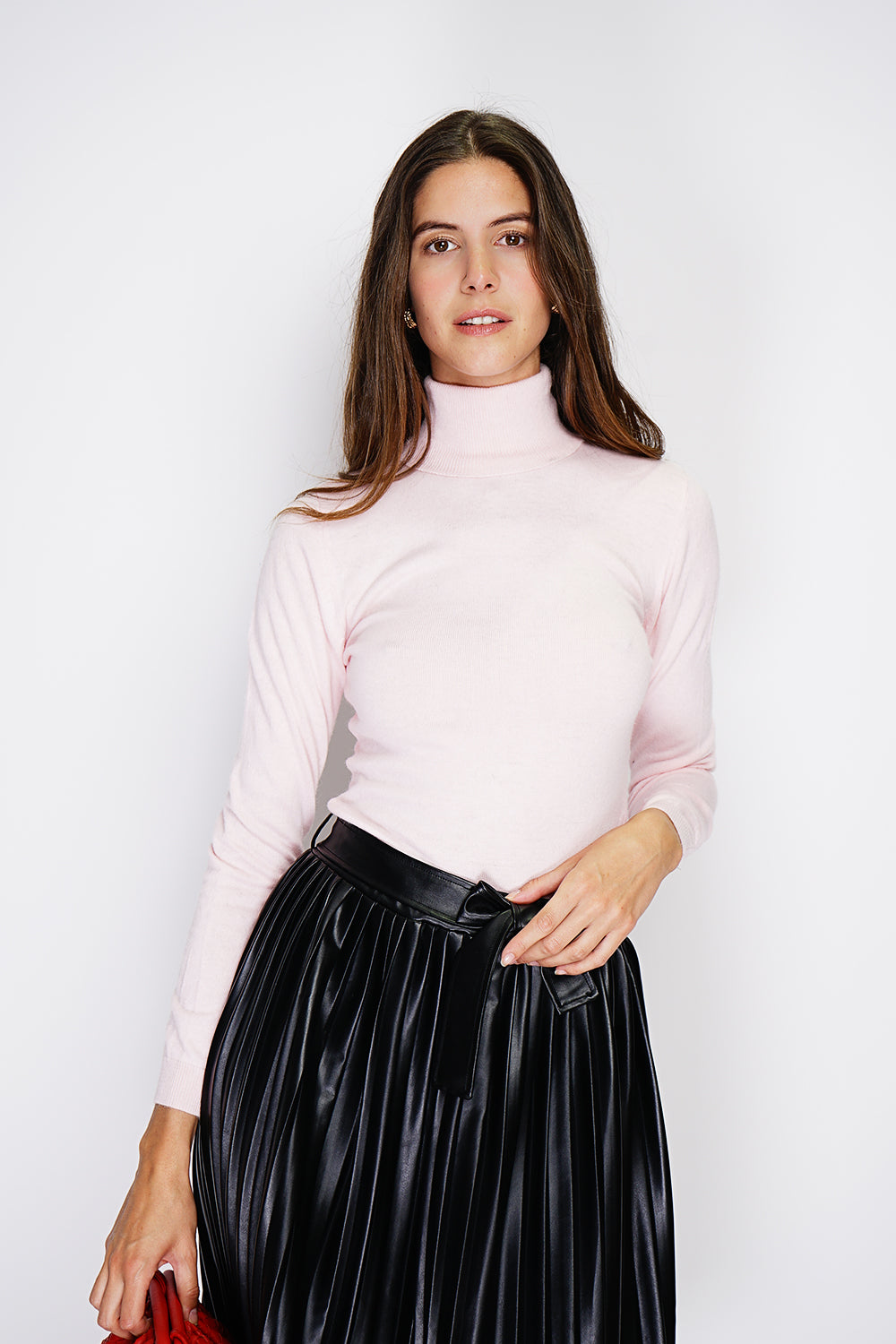 Classico maglione dolcevita in maglia a 2 strati con maniche lunghe Rosa