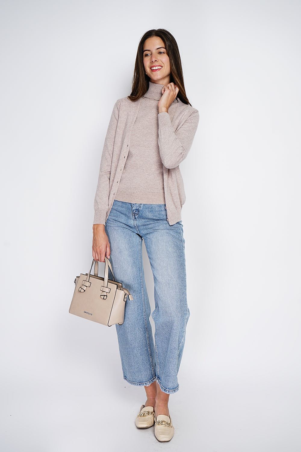 Classico twin-set con scollo a V in maglia a 2 fili e maniche lunghe Deserto