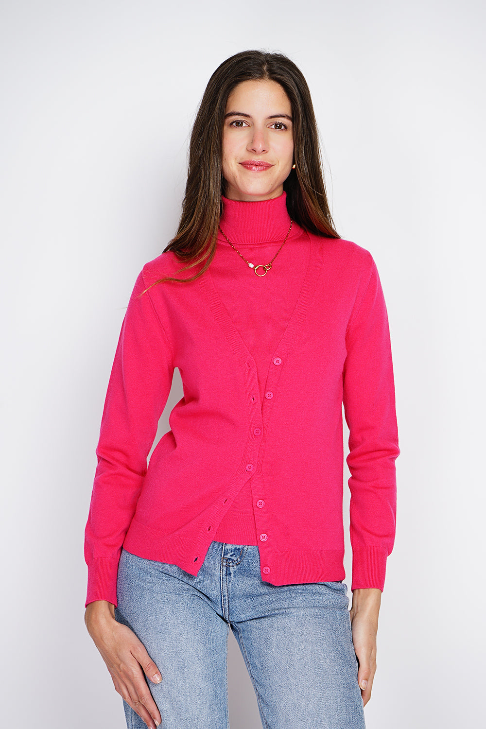 Classico twin-set con scollo a V in maglia a 2 fili e maniche lunghe Fucsia