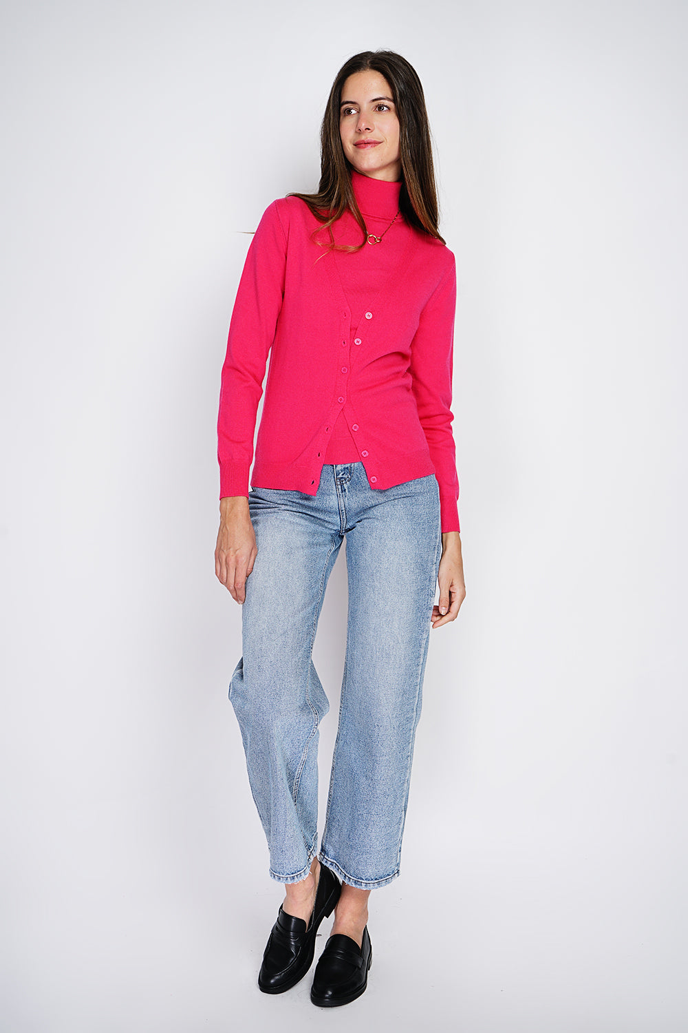 Classico twin-set con scollo a V in maglia a 2 fili e maniche lunghe Fucsia