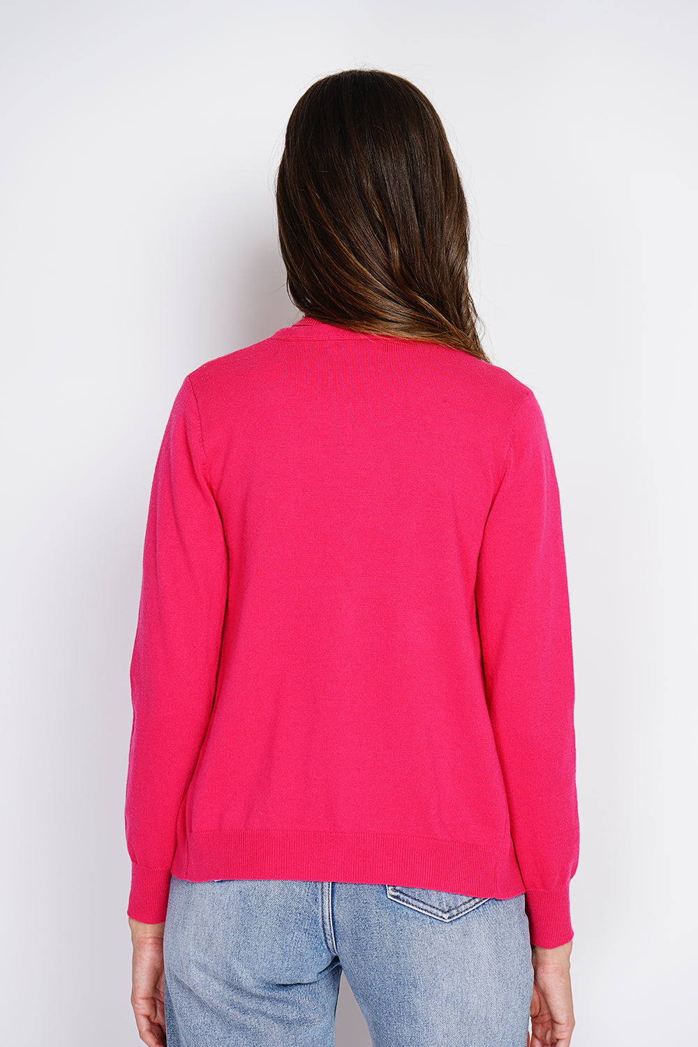 Classico twin-set con scollo a V in maglia a 2 fili e maniche lunghe Fucsia