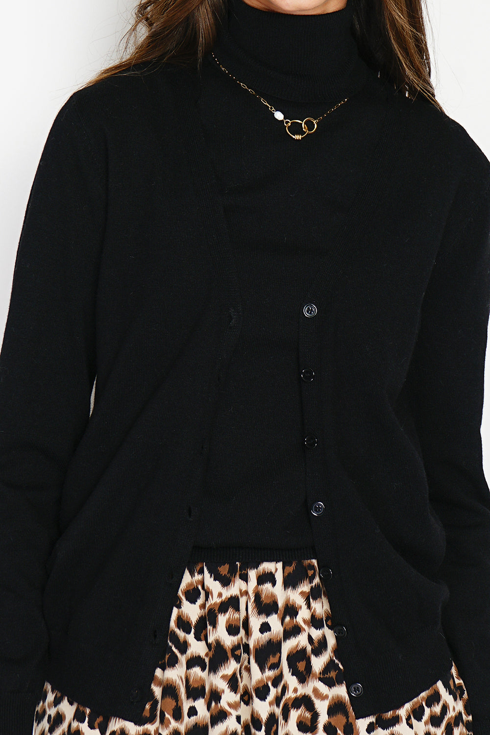 Classico twin-set con scollo a V in maglia a 2 fili e maniche lunghe Nero