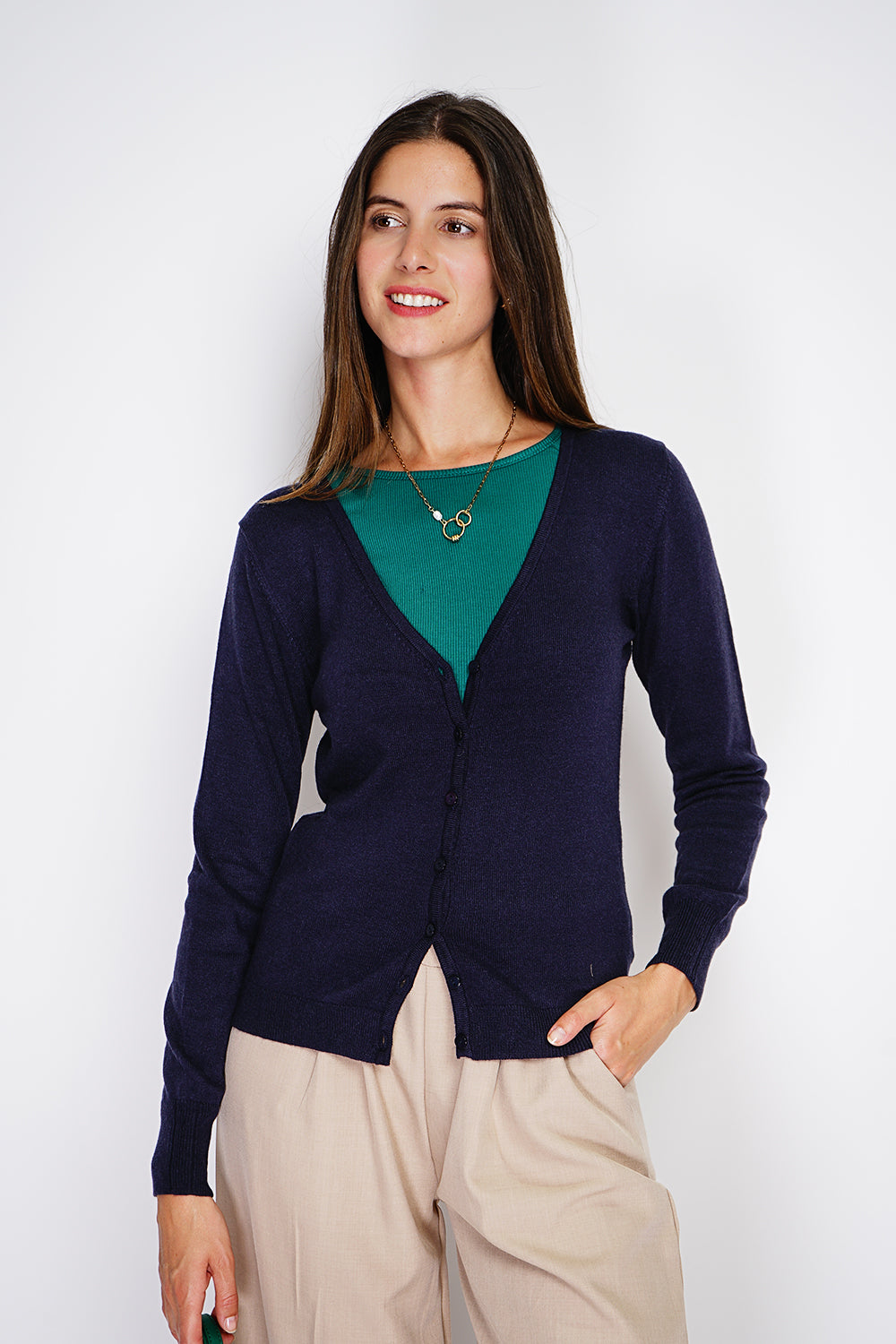 Cardigan classico girocollo lavorato a 2 fili con maniche lunghe Blu notte -WF2636