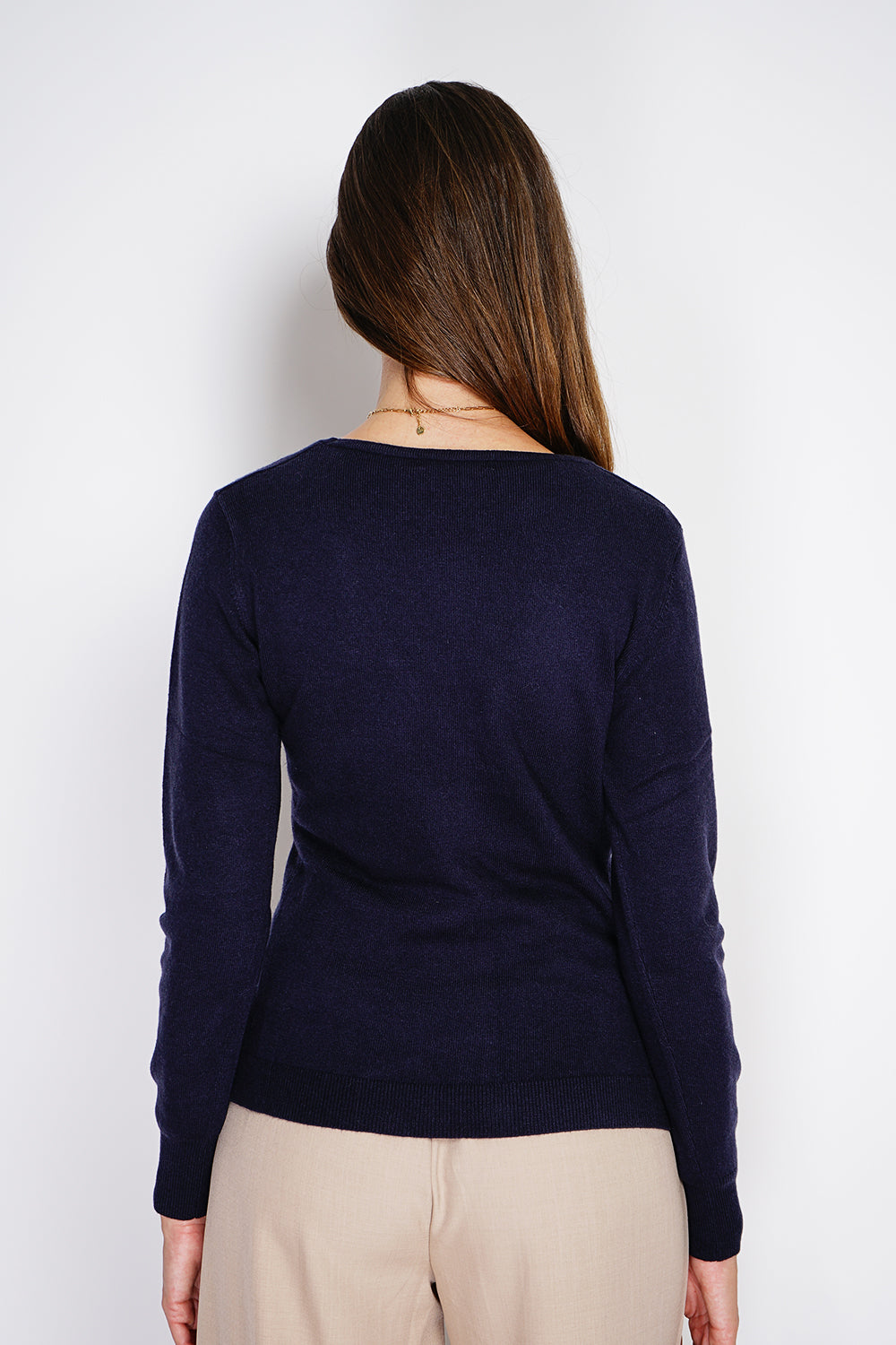 Cardigan classico girocollo lavorato a 2 fili con maniche lunghe Blu notte -WF2636