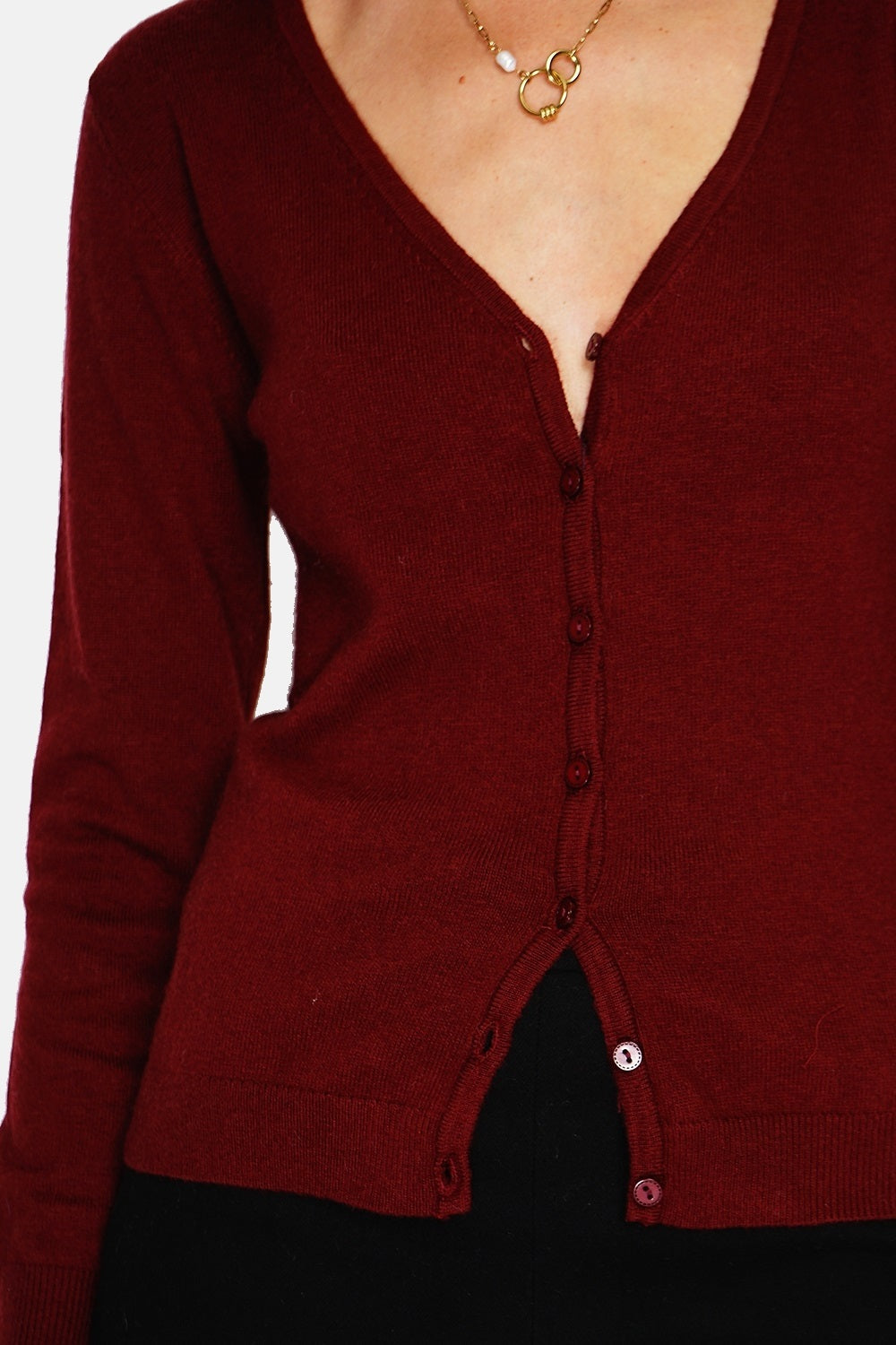 Cardigan classico girocollo lavorato a 2 fili con maniche lunghe Rosso vino -WF2636