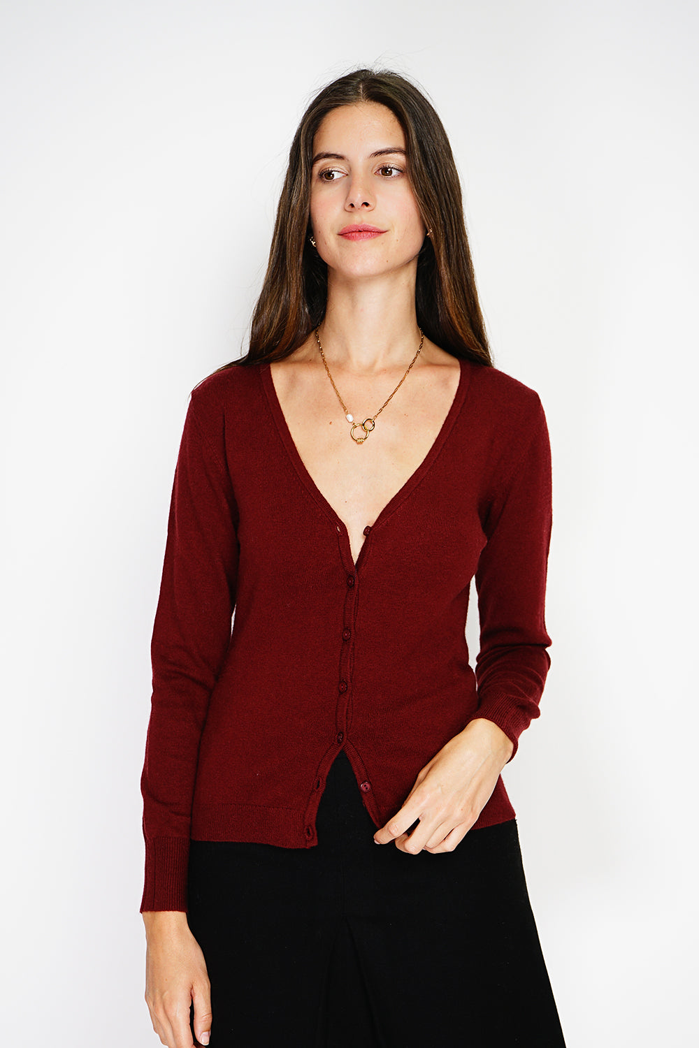 Cardigan classico girocollo lavorato a 2 fili con maniche lunghe Rosso vino -WF2636