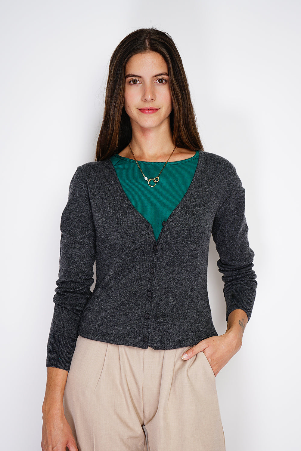 Cardigan classico girocollo lavorato a 2 fili con maniche lunghe Grigio scuro -WF2636