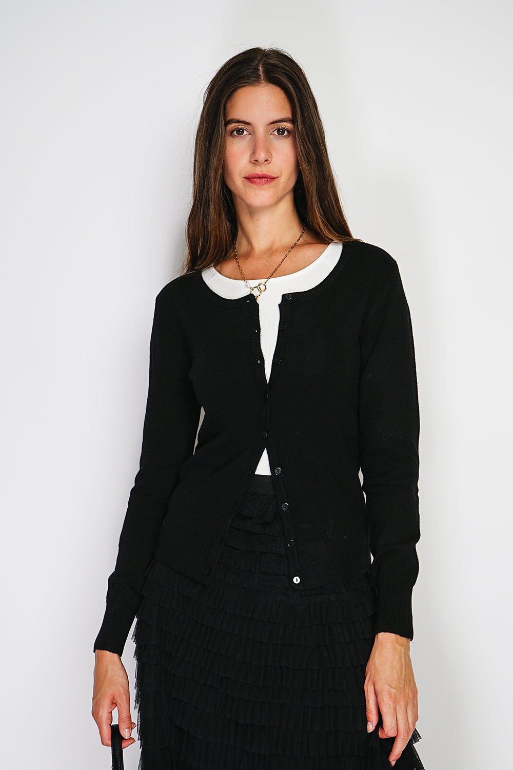 Cardigan classico girocollo lavorato a 2 fili con maniche lunghe Nero -WF2636