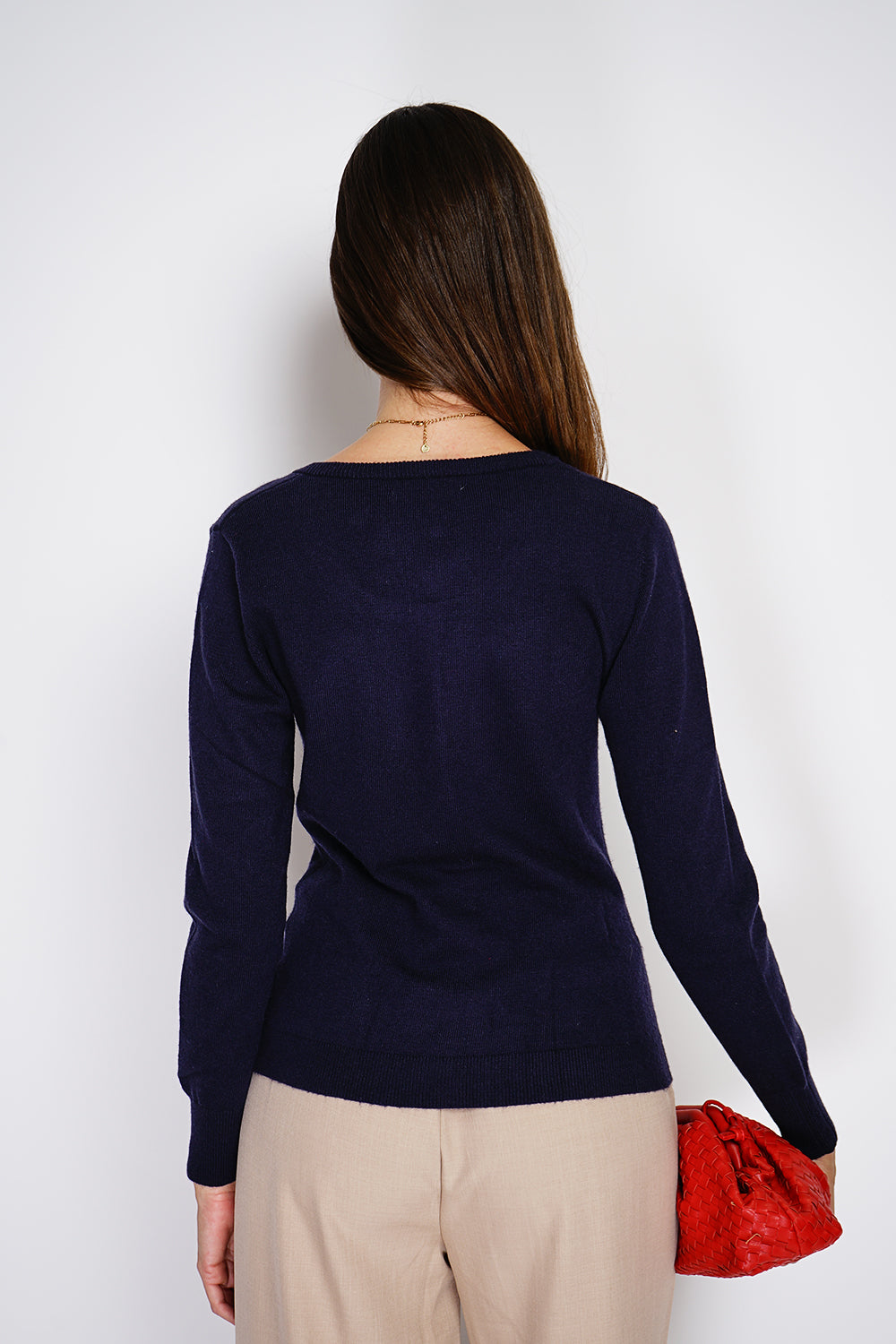 Cardigan classico girocollo lavorato a 2 fili con maniche lunghe Blu notte -WF2637