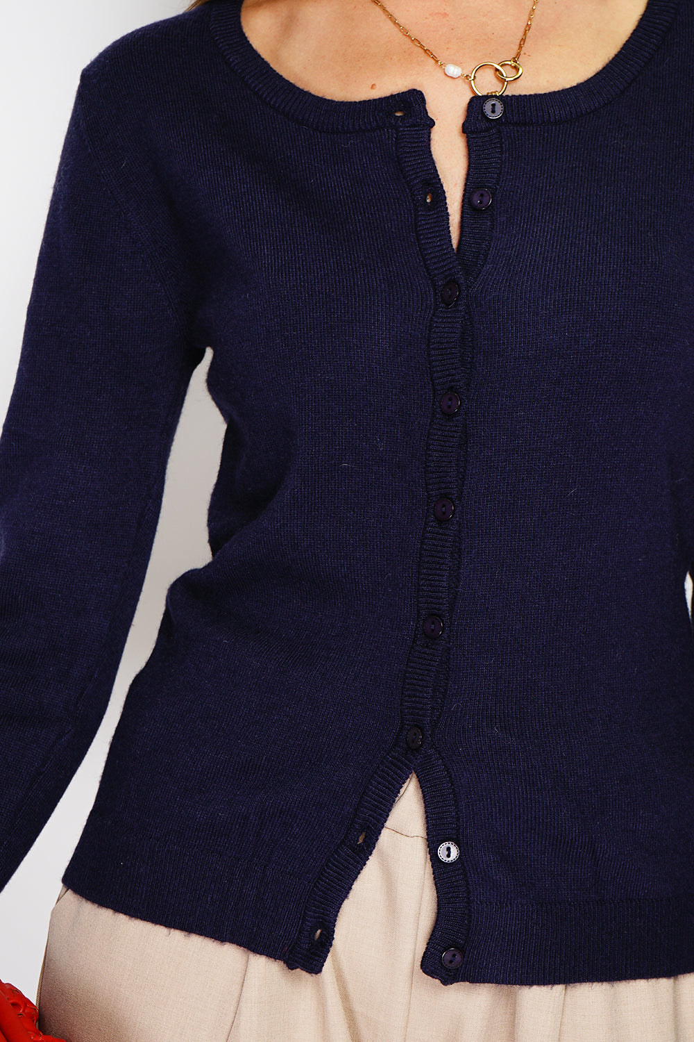 Cardigan classico girocollo lavorato a 2 fili con maniche lunghe Blu notte -WF2637