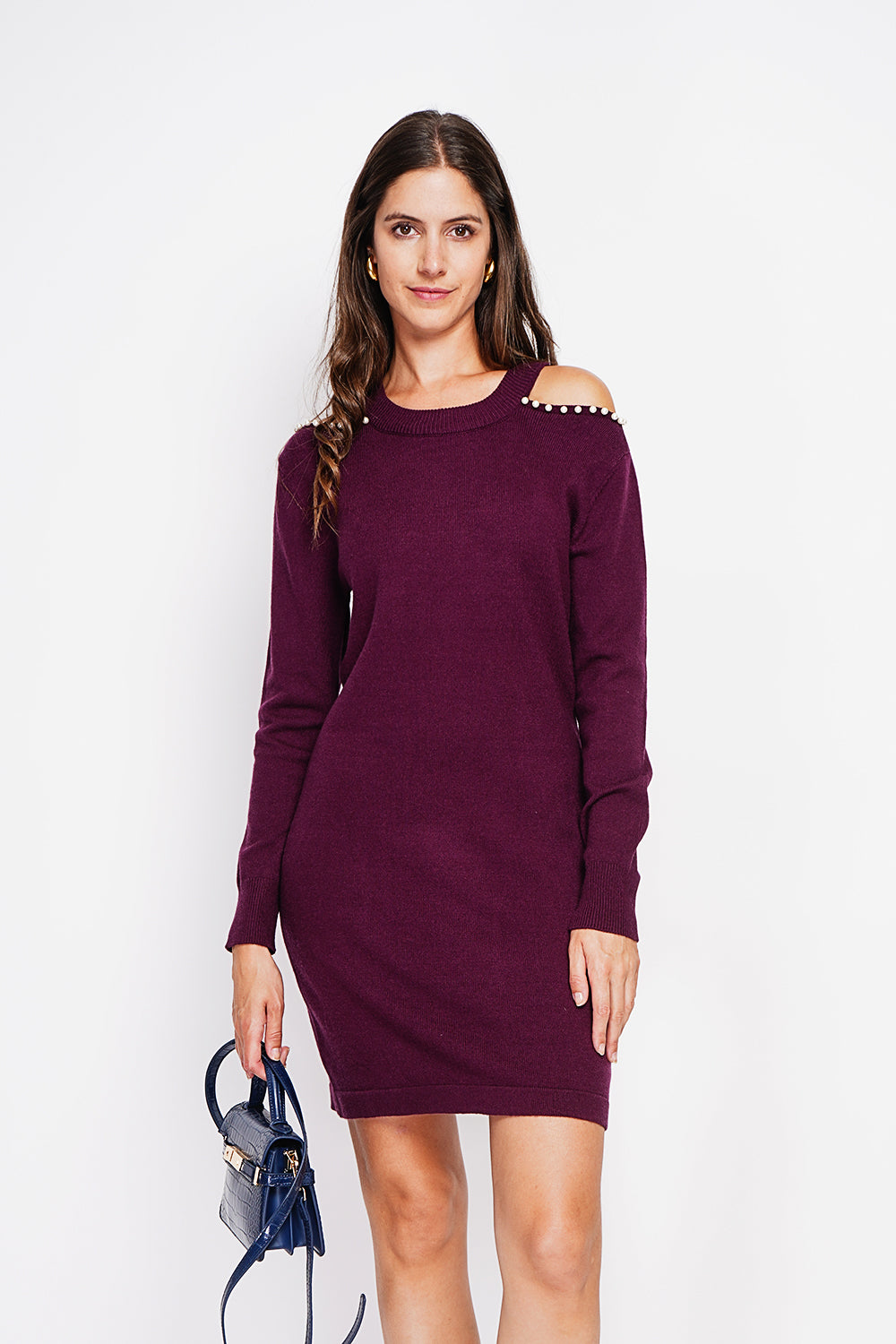 Abito in maglia a collo alto con spallina di perle Bordeaux