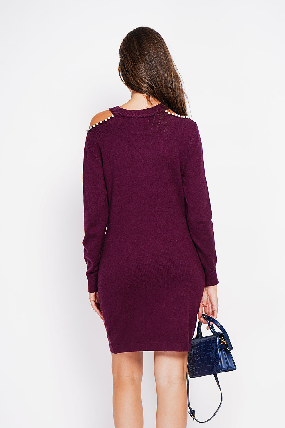 Abito in maglia a collo alto con spallina di perle Bordeaux