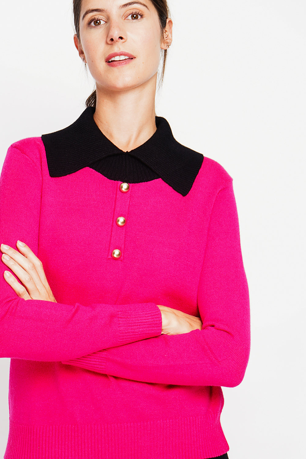 Maglione oversize con collo alto e bottoni in bronzo e maniche lunghe Fucsia