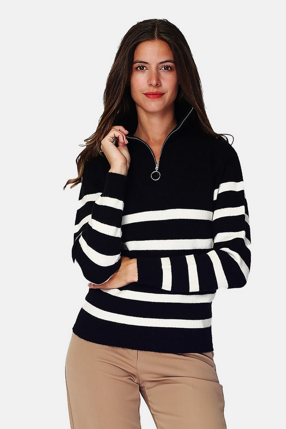 Maglione girocollo a maniche lunghe con cerniera in stile marinaio Nero