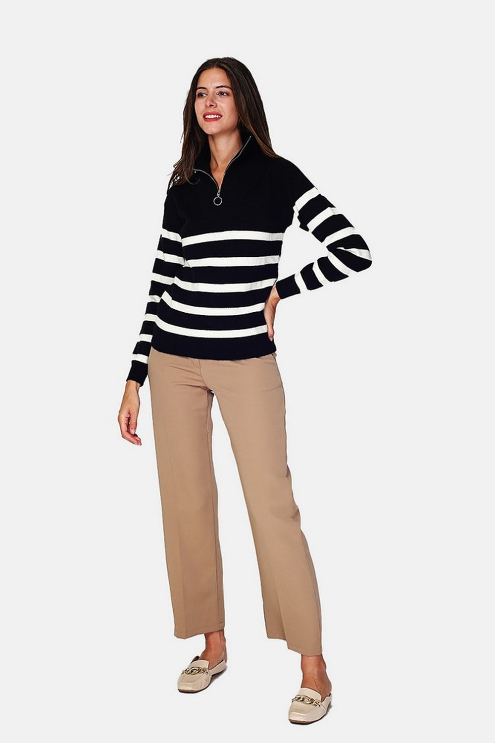 Maglione girocollo a maniche lunghe con cerniera in stile marinaio Nero