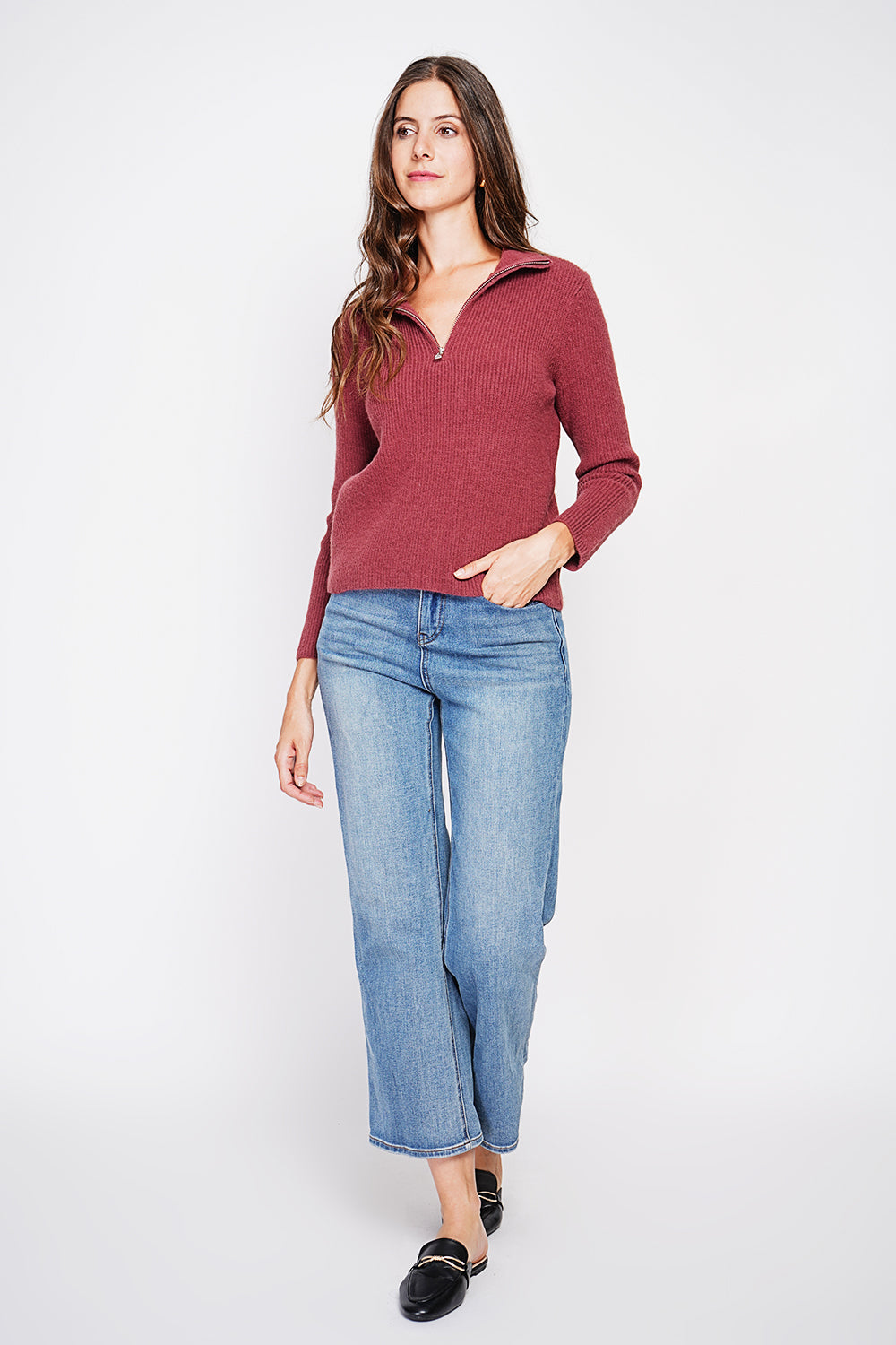 Maglione a collo alto con zip e maniche lunghe a coste Bordeaux