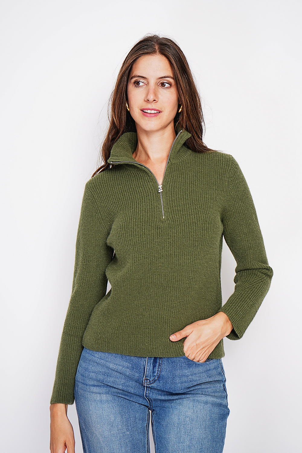 Maglione a collo alto con zip e maniche lunghe a coste Cachi