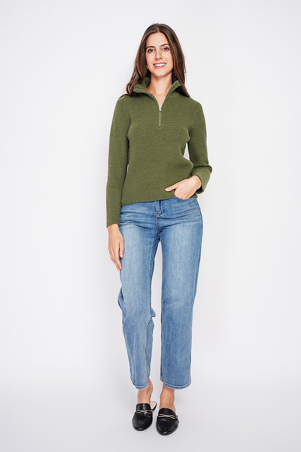 Maglione a collo alto con zip e maniche lunghe a coste Cachi