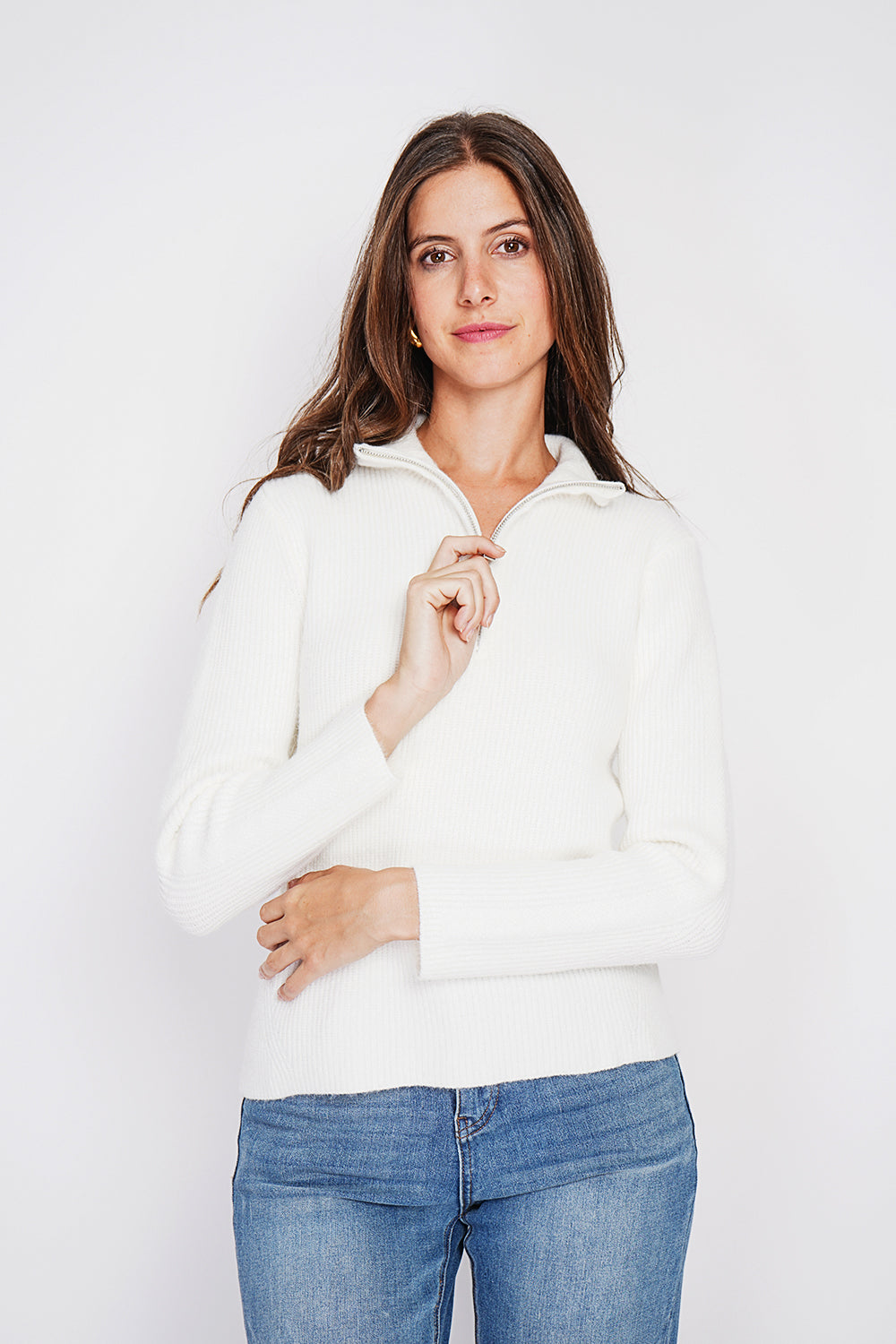 Maglione a collo alto con zip e maniche lunghe a coste Naturale