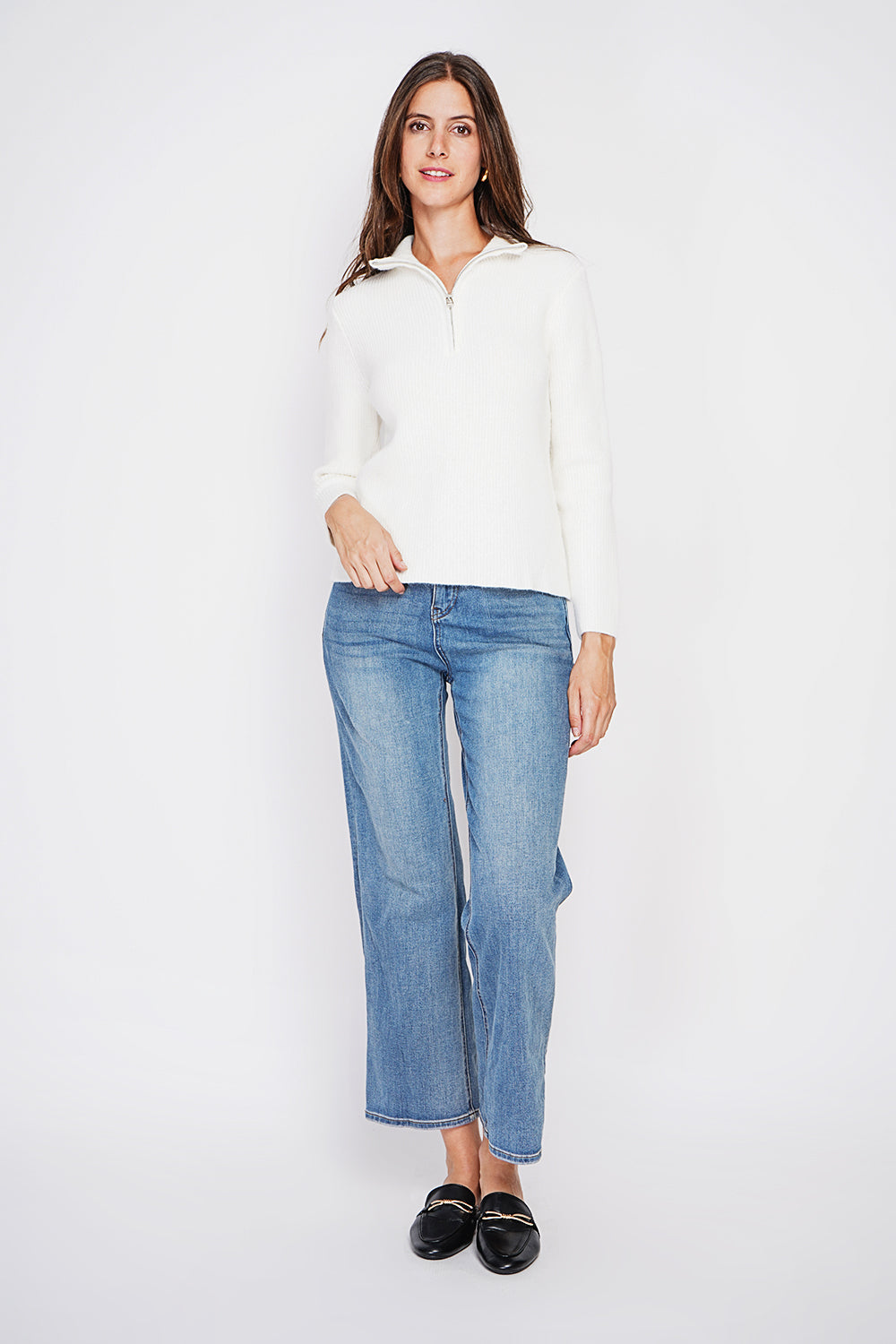 Maglione a collo alto con zip e maniche lunghe a coste Naturale