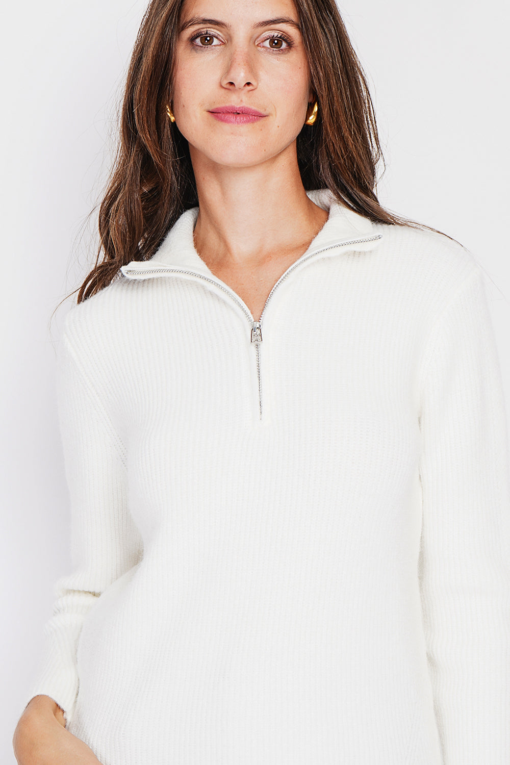 Maglione a collo alto con zip e maniche lunghe a coste Naturale