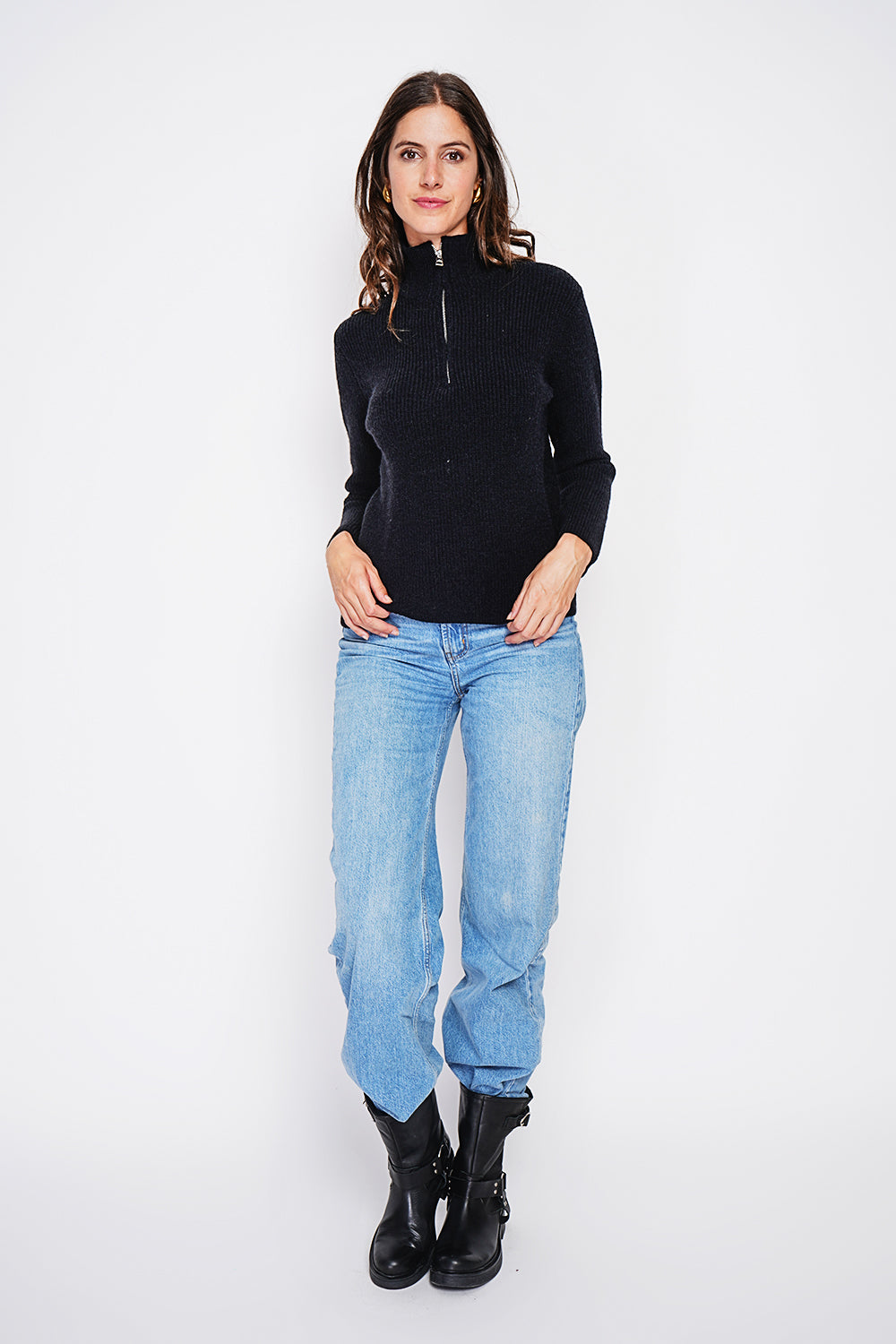 Maglione a collo alto con zip e maniche lunghe a coste Nero