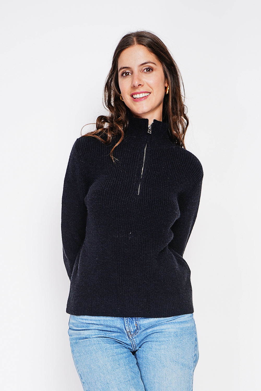 Maglione a collo alto con zip e maniche lunghe a coste Nero