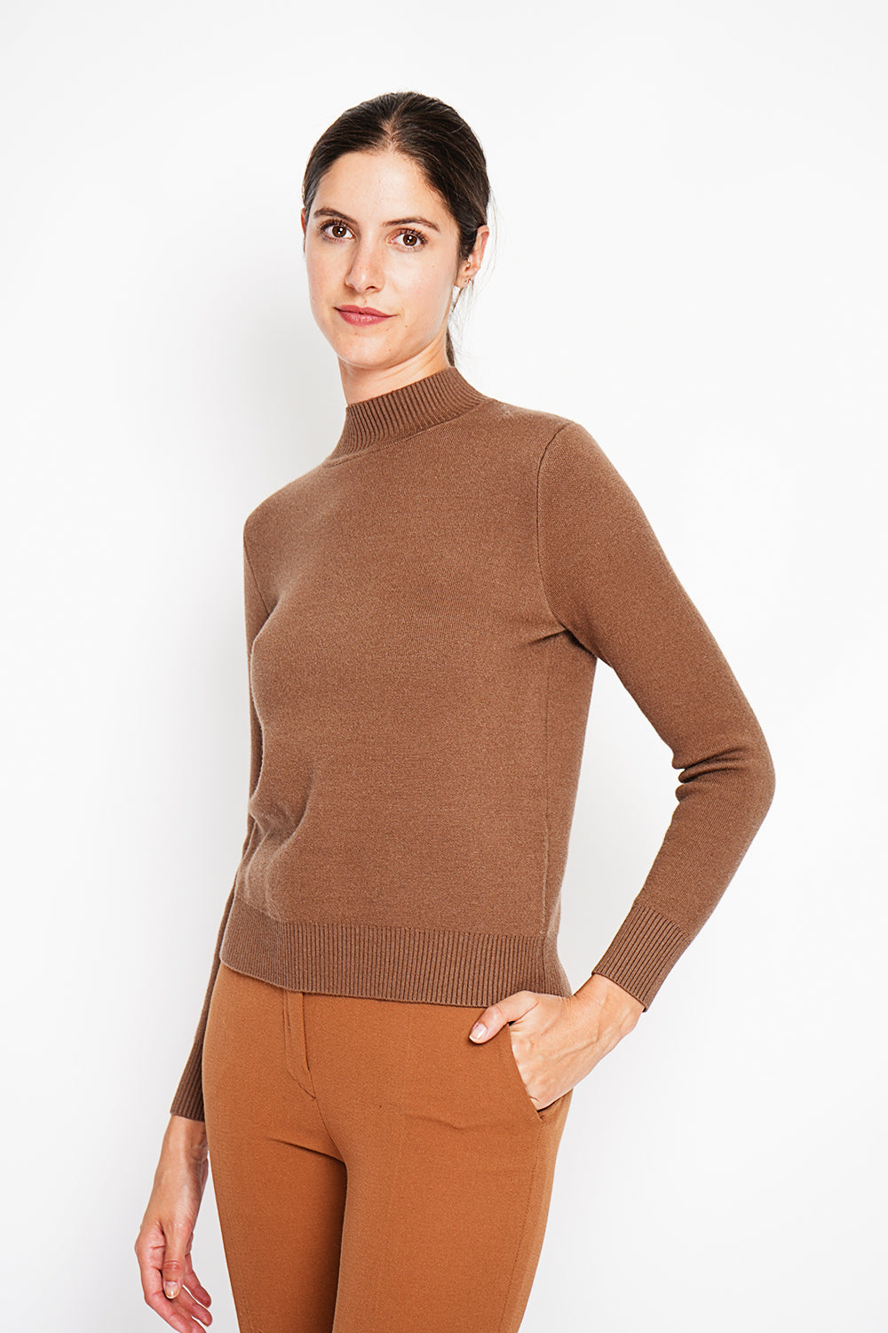 Maglione invernale termico con collo alto e maniche lunghe, foderato in pelliccia Marrone