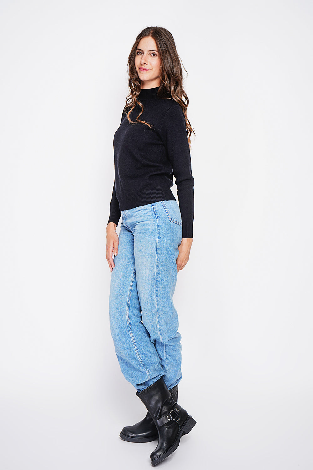 Maglione invernale termico con collo alto e maniche lunghe, foderato in pelliccia Nero