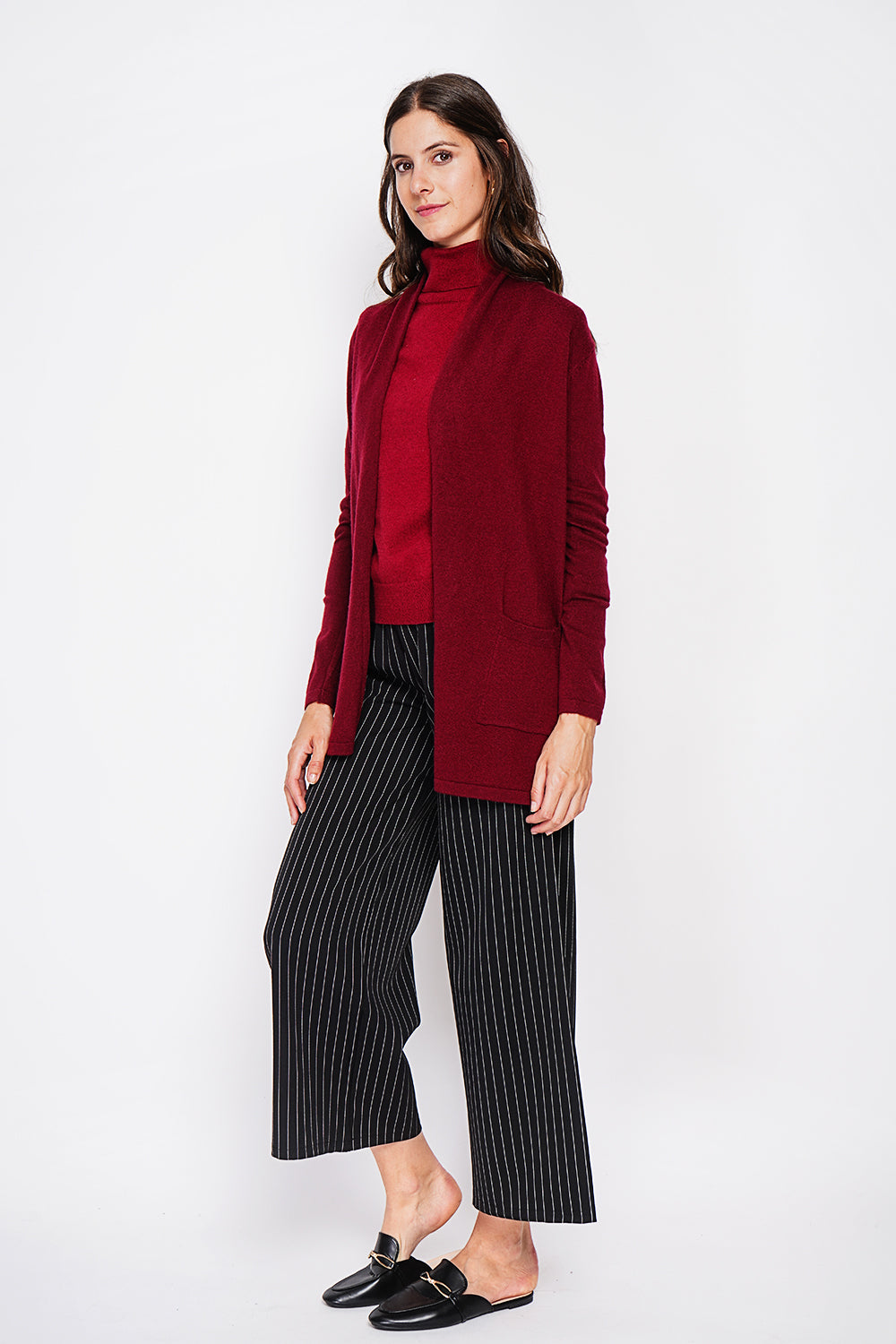 Cardigan lungo con collo a scialle e tasche, maglia a 2 fili, maniche lunghe Bordeaux