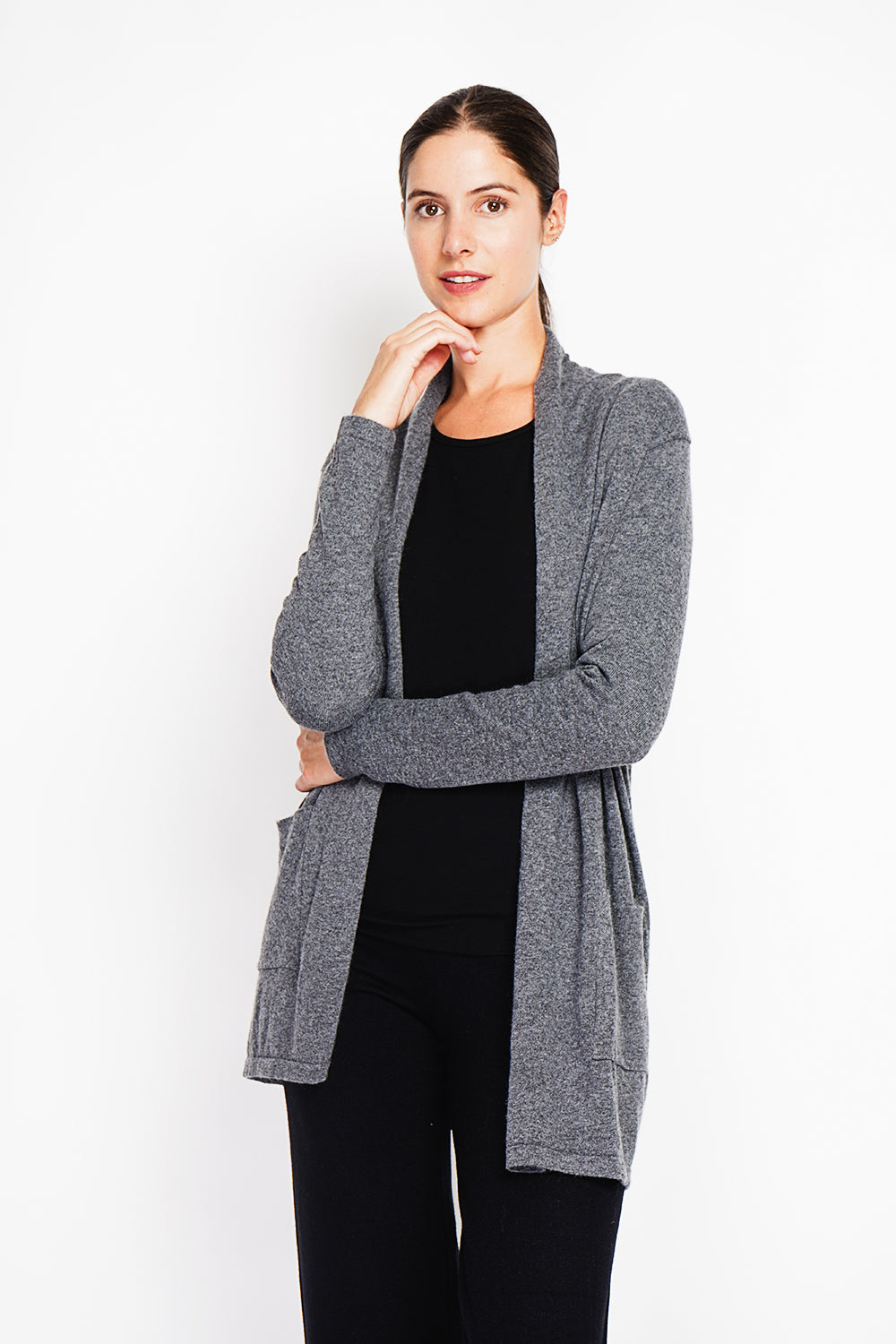 Cardigan lungo con collo a scialle e tasche, maglia a 2 fili, maniche lunghe Lupo
