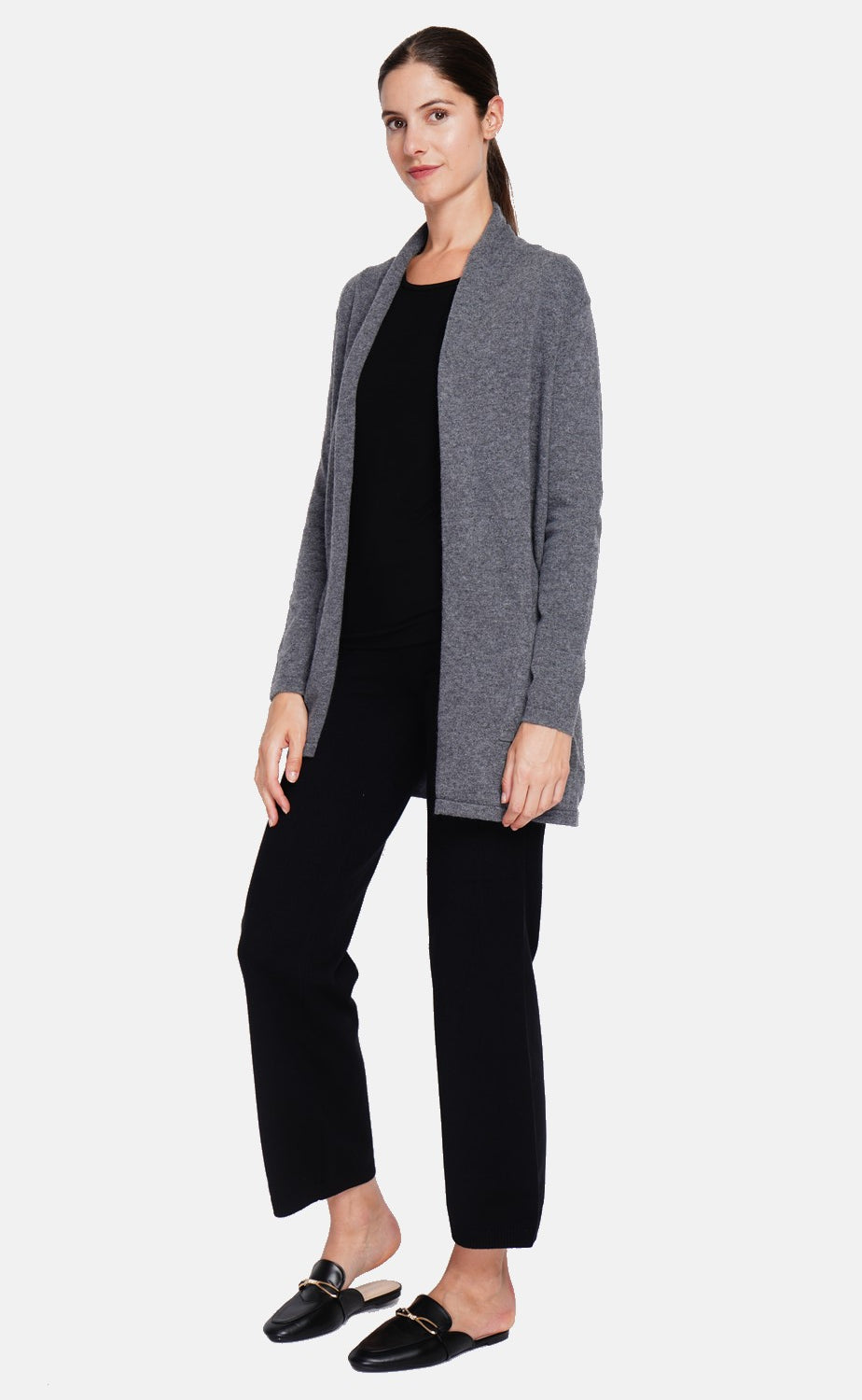 Cardigan lungo con collo a scialle e tasche, maglia a 2 fili, maniche lunghe Lupo