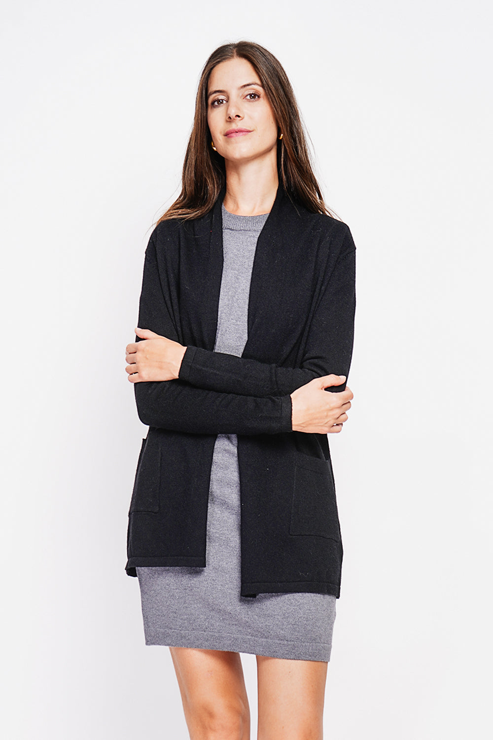 Cardigan lungo con collo a scialle e tasche, maglia a 2 fili, maniche lunghe Nero