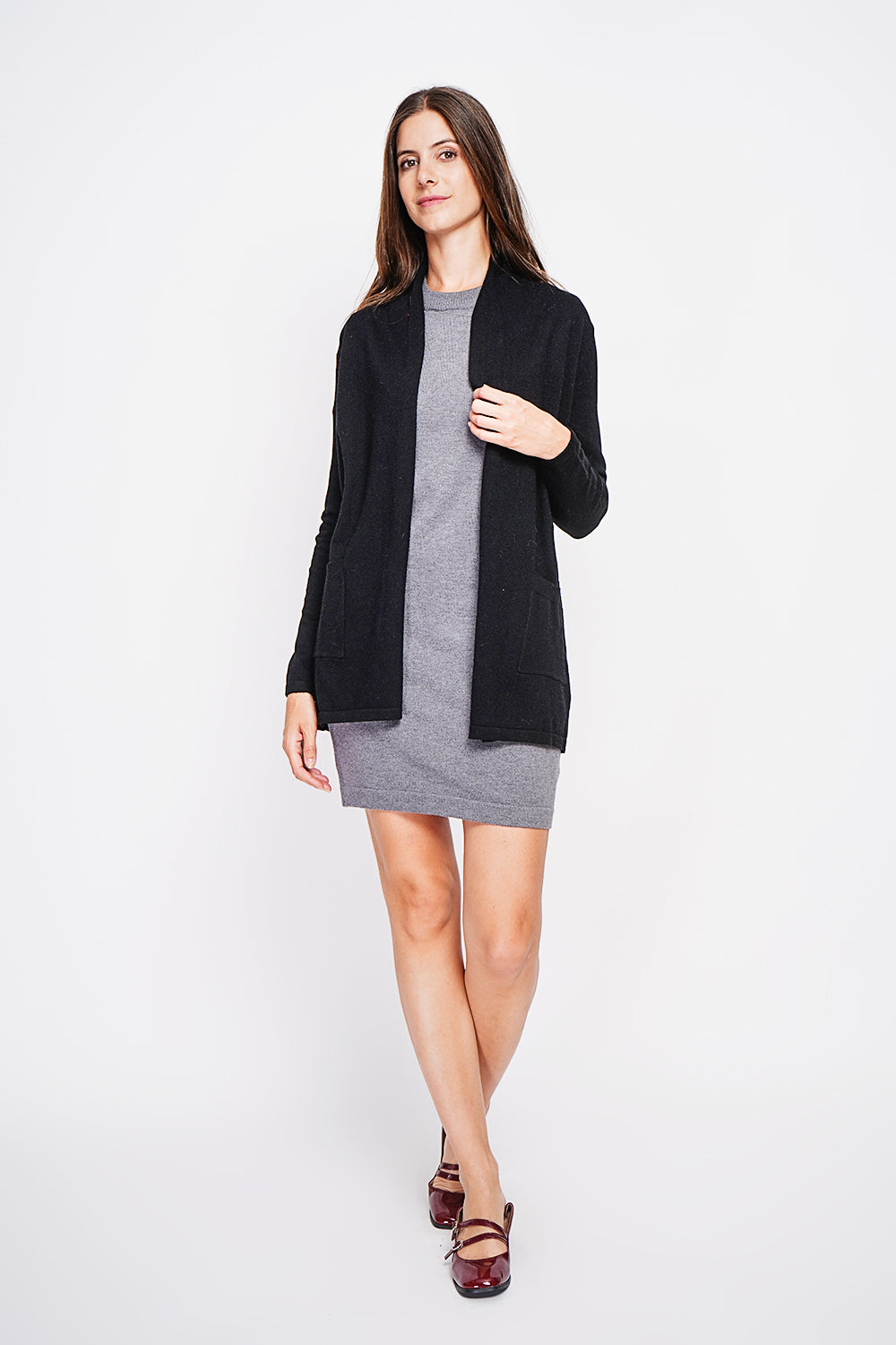 Cardigan lungo con collo a scialle e tasche, maglia a 2 fili, maniche lunghe Nero