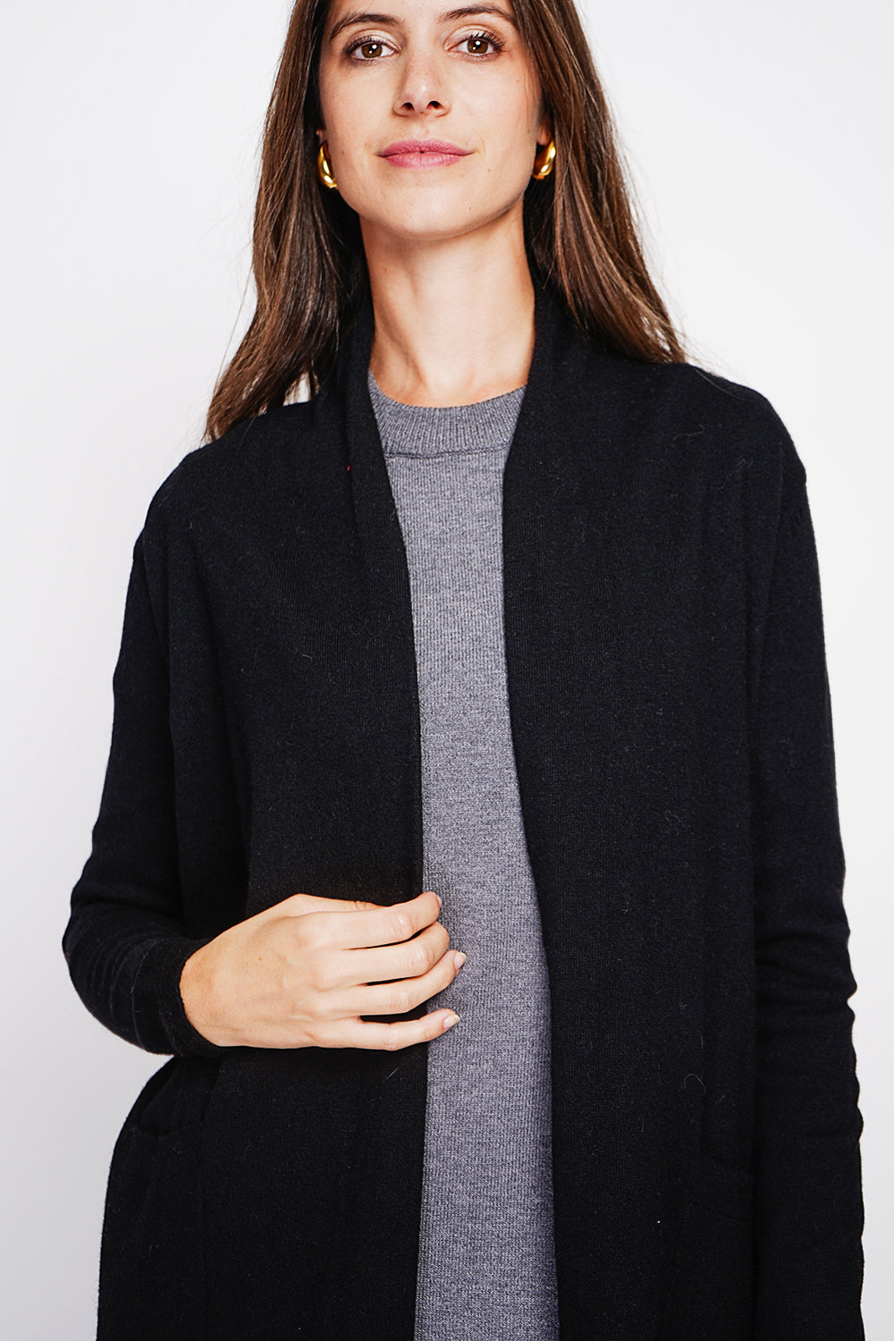 Cardigan lungo con collo a scialle e tasche, maglia a 2 fili, maniche lunghe Nero