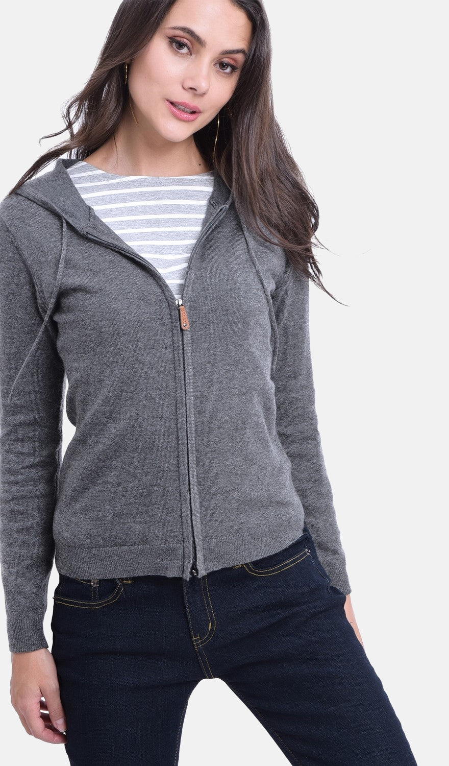 Cardigan con cappuccio e zip GRIGIO SCURO -WF728