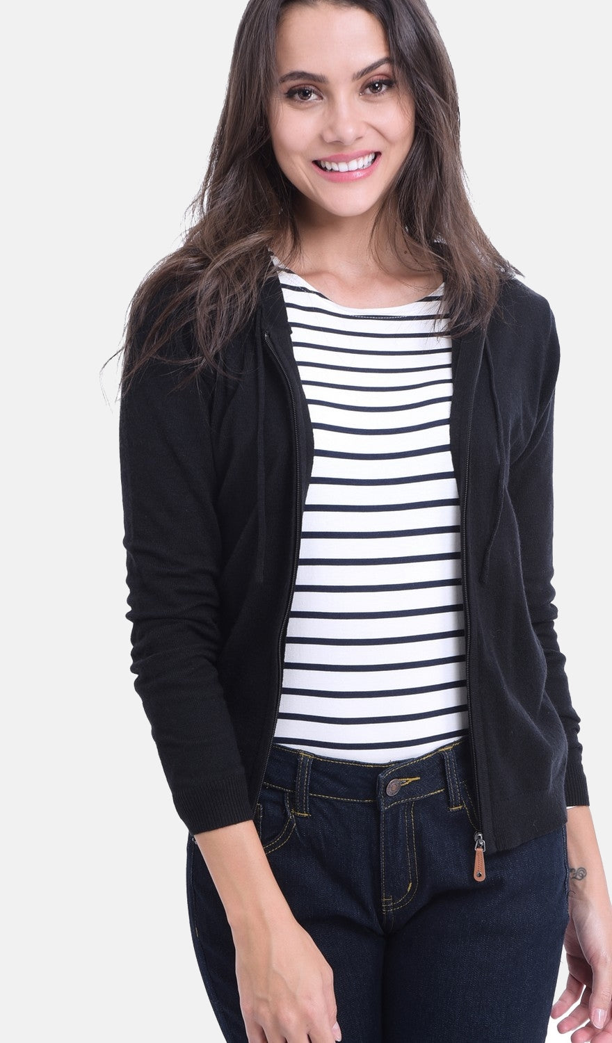 Cardigan con cappuccio con zip NERO -WF728