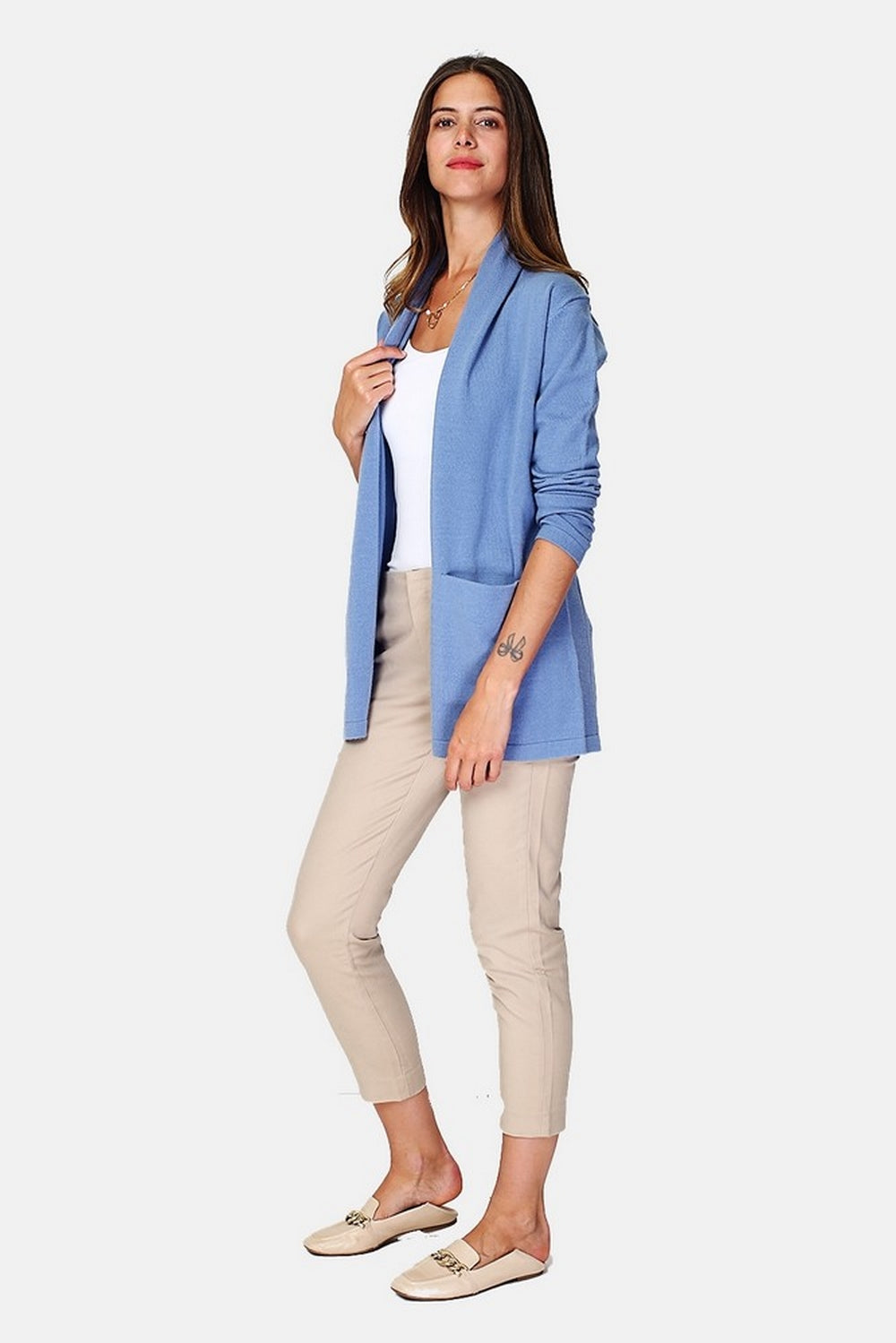 Cardigan lungo con tasche collo sciallato Blu Grigio -WF808