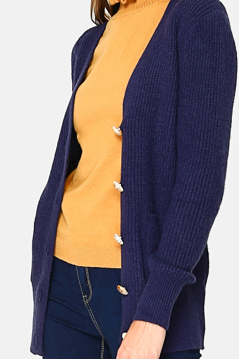 Cardigan lungo con bottoni e lavorazione a maglia fantasia BLU SCURO -WF980