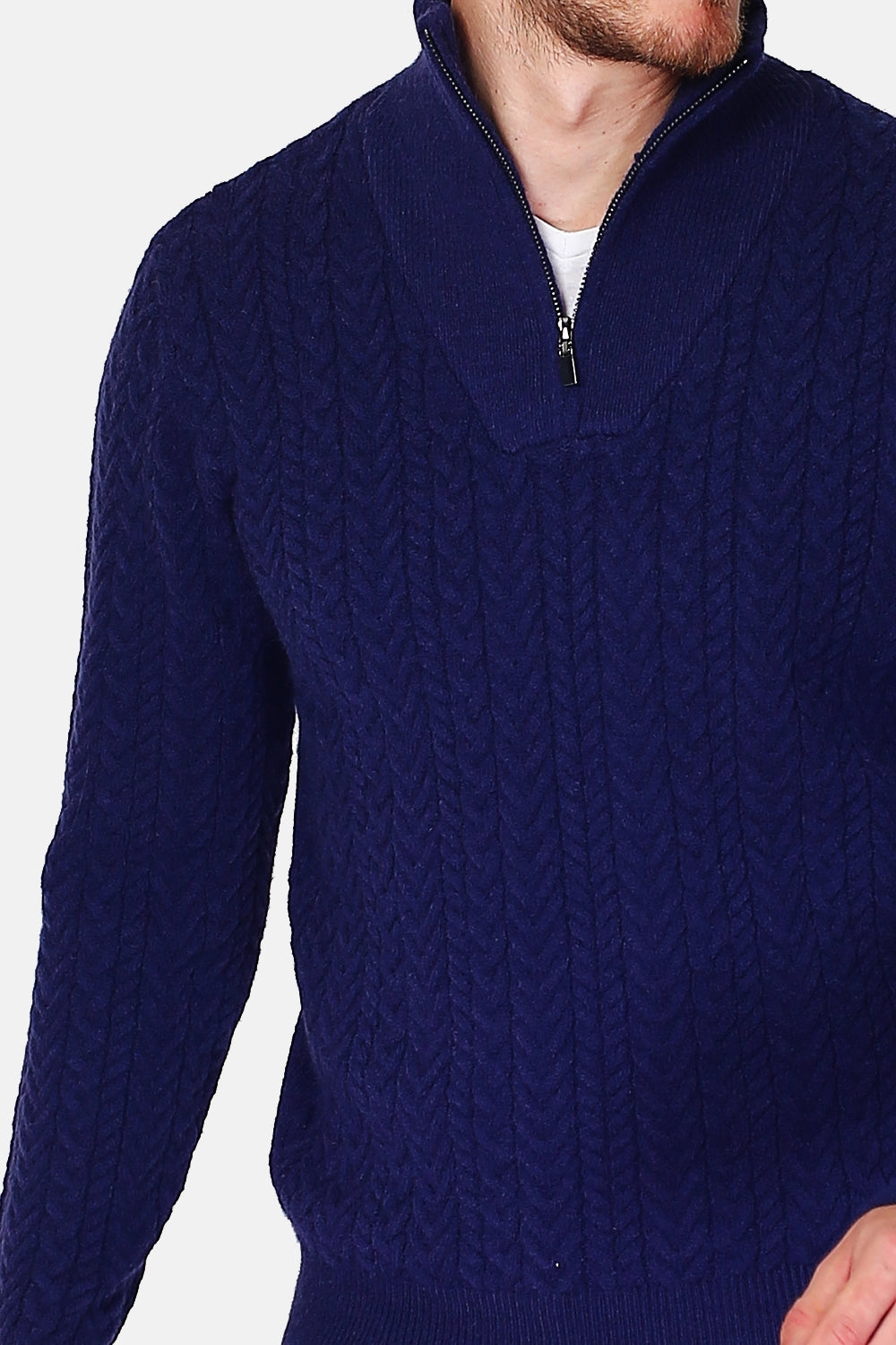 Maglione stile camionista in maglia fantasia con zip e maniche lunghe Blu notte -WFM105