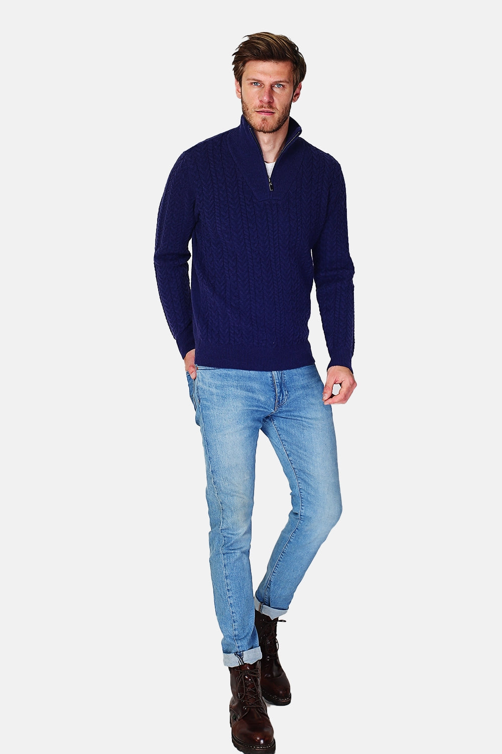 Maglione stile camionista in maglia fantasia con zip e maniche lunghe Blu notte -WFM105