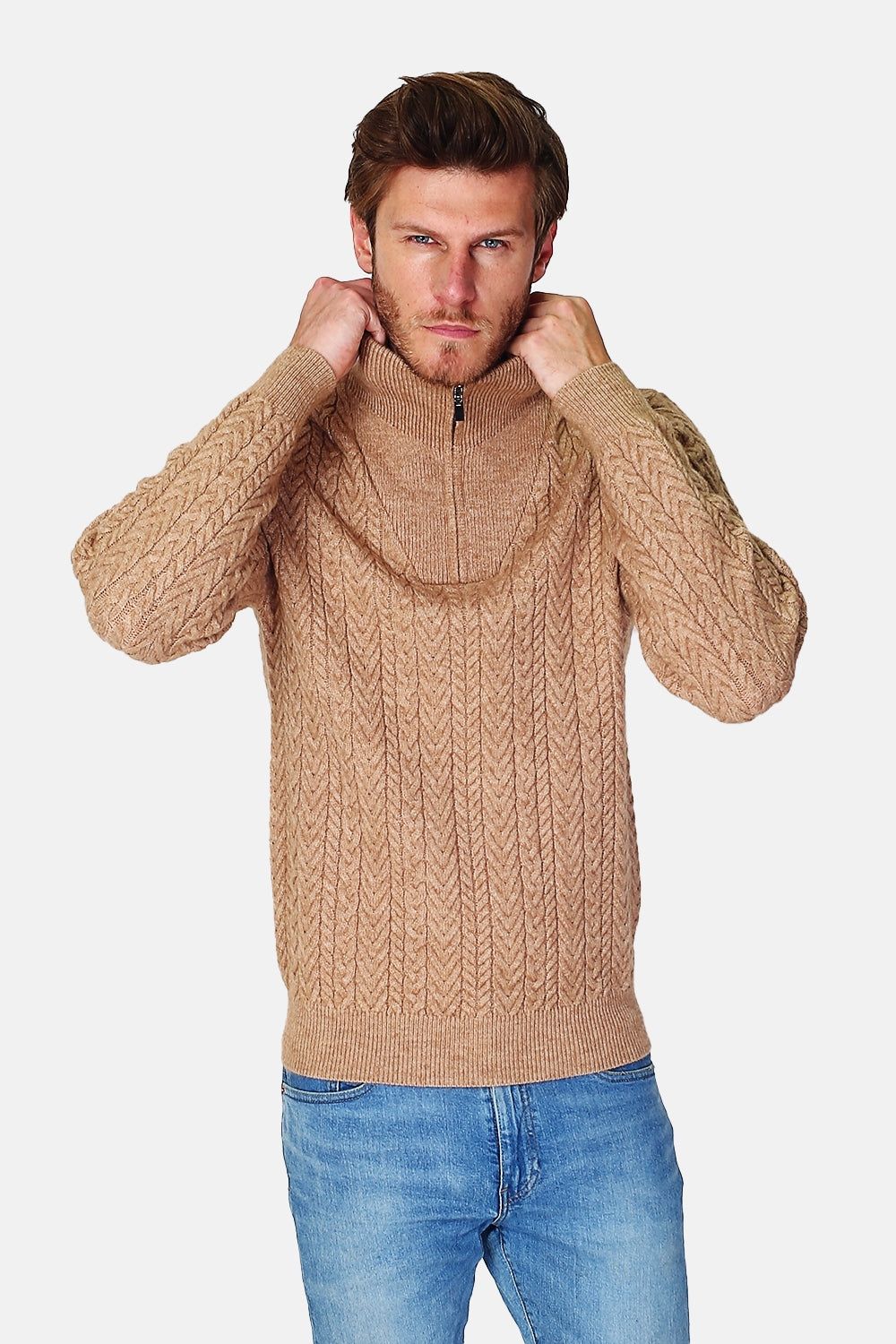 Maglione stile camionista in maglia fantasia con zip e maniche lunghe Cammello -WFM105